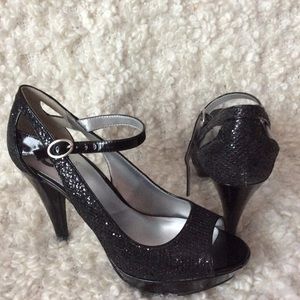 GUESS black glitter high heel platform sandals